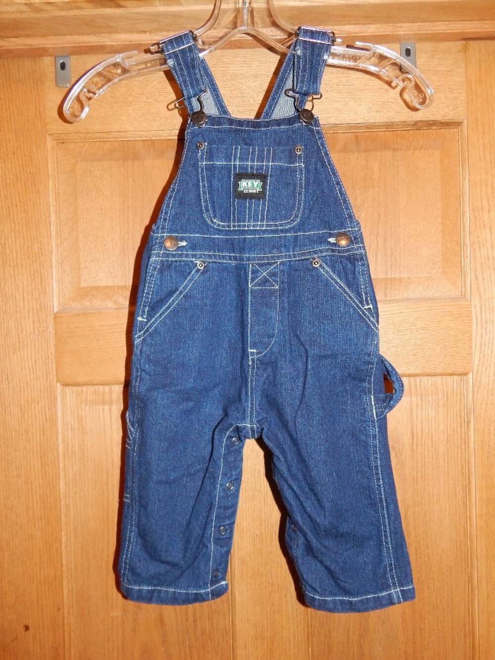 KEY Baby Size 12M 12 Month Denim Bib Overalls Blue Jeans Snap Leg 100% Cotton